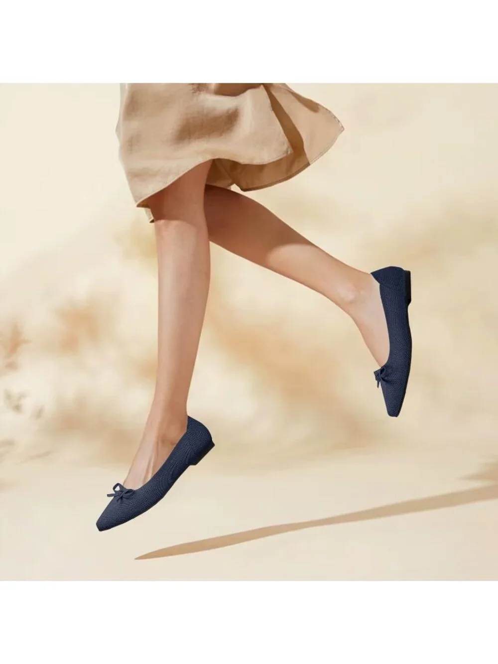 Women's Navy Knit Ballet Flats Pointed Toe Bow Comfortable Dressy Shoes